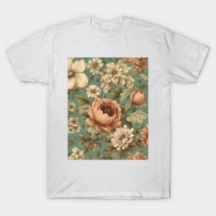 Teal Beige Botanical  Chic Country Cottagecore Vintage Floral T-Shirt